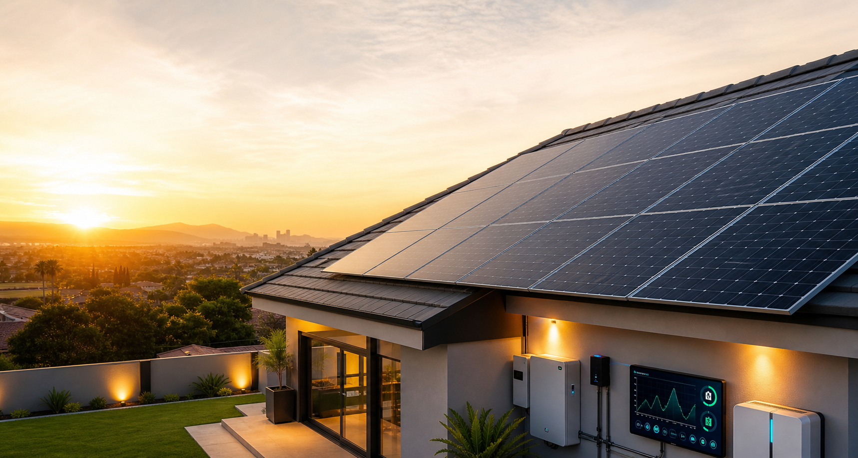 Modern rooftop solar panels with monitoring technology